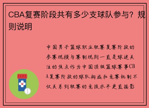 CBA复赛阶段共有多少支球队参与？规则说明